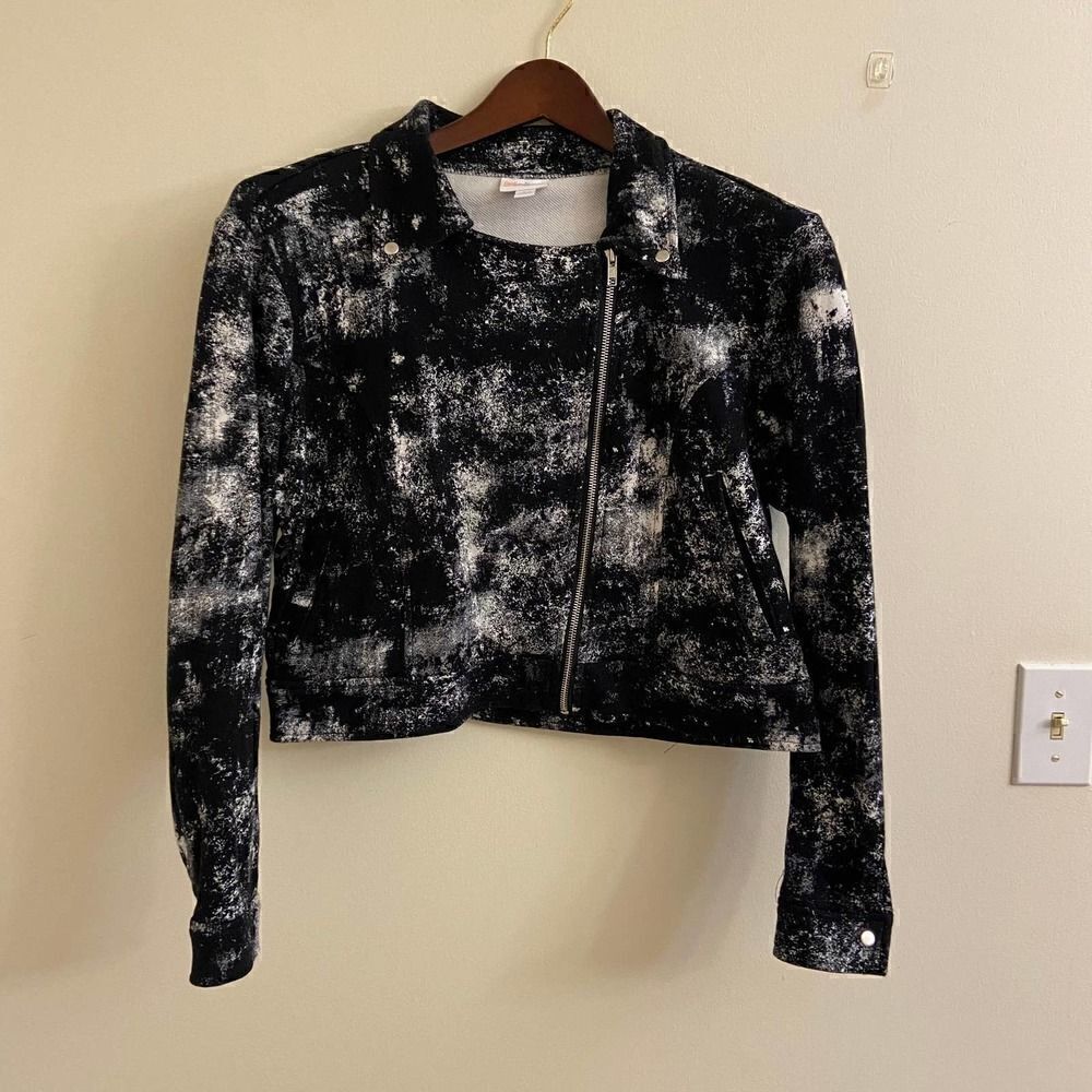 Lularoe Presley Moto Jacket Black & White Acid Wash Large